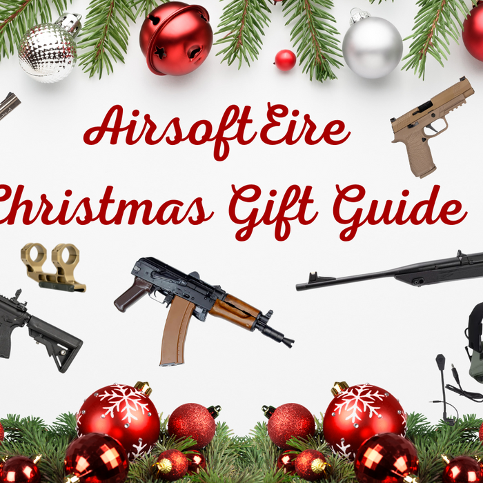 airsoft guns on a Christmas background