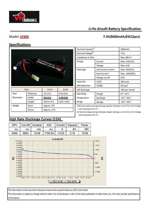 Vapex 7.4V 2600mAh 25C LIPO Battery - Sticks (Tamiya Connector)