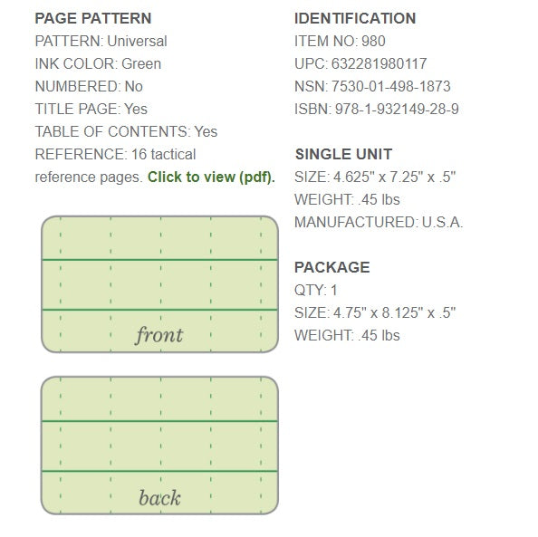 Rite in the Rain - All-Weather Tactical Field Book - Green