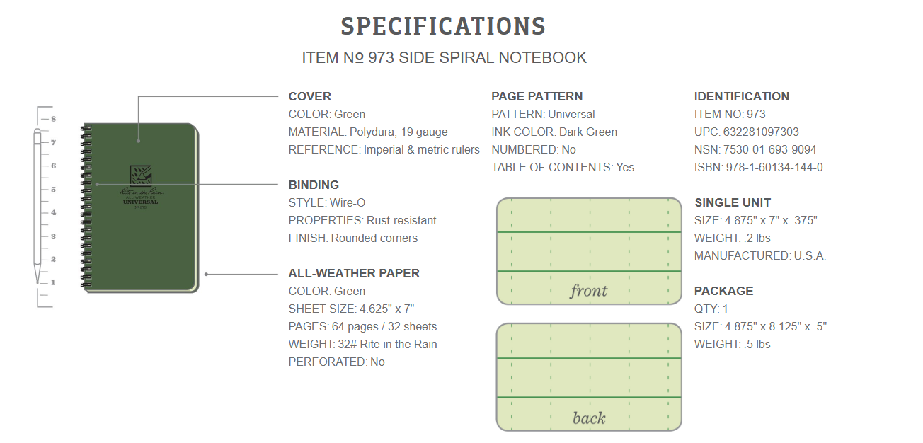 Rite in the Rain - Side Spiral All-Weather Notebook - Green