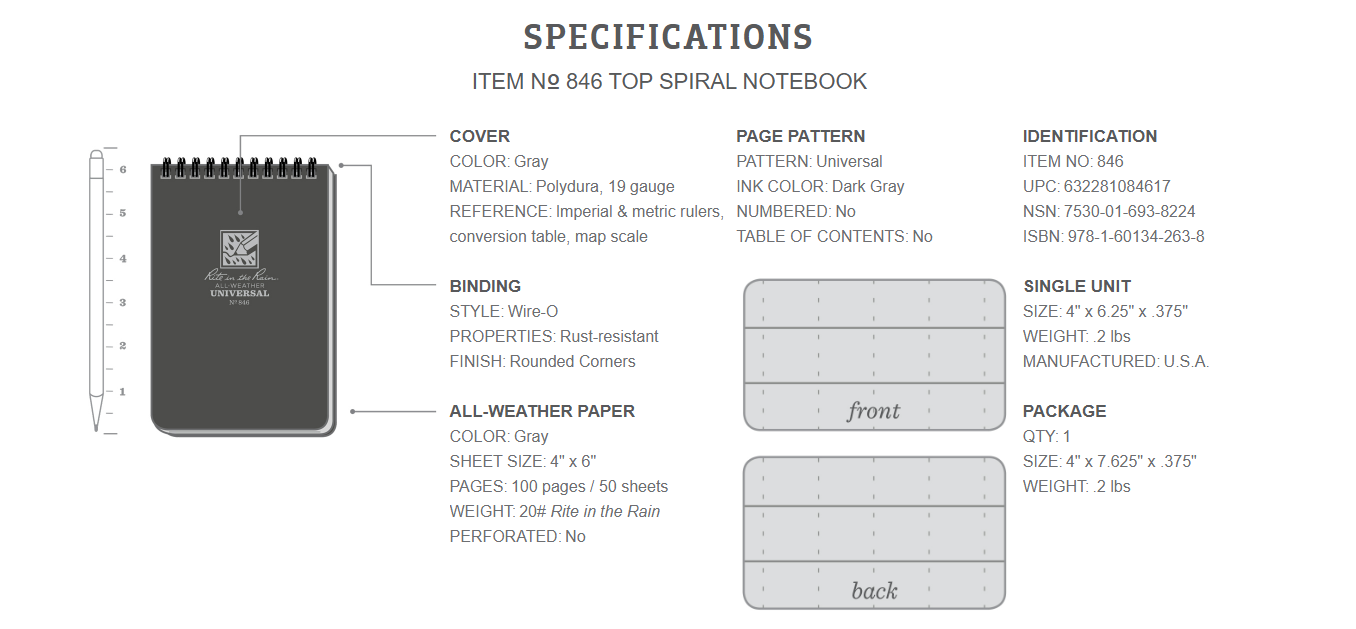 Rite in the Rain - Top Spiral All-Weather Notebook - Grey