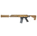 A tactical rifle shown in side profile against a solid white background, featuring a bronze anodized aluminum receiver and handguard with a matching tan silencer, a black pistol grip, and a gray magazine.