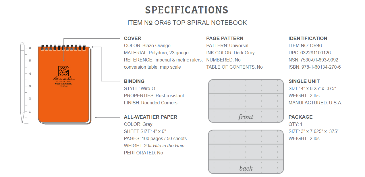 Rite in the Rain - Top Spiral All-Weather Notebook - Blaze Orange