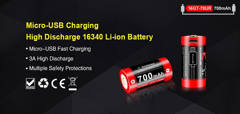 Klarus 16340 16GT-70UR Rechargeable Battery - 700mAh